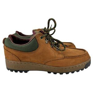 Vintage Rocky Mens Leather Hiking Shoes 8.5M Brown  Green Accents Rugged Loafer